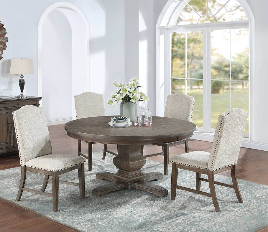 60" Camila Weathered Gray Oak Round Dining Table Set Questions & Answers