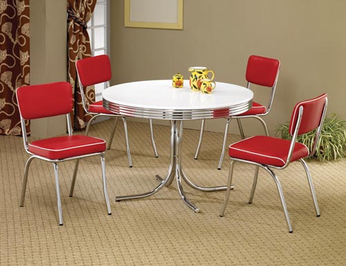 50's Style Round Chrome Retro Dining Table w/ Four Red Chairs Questions & Answers