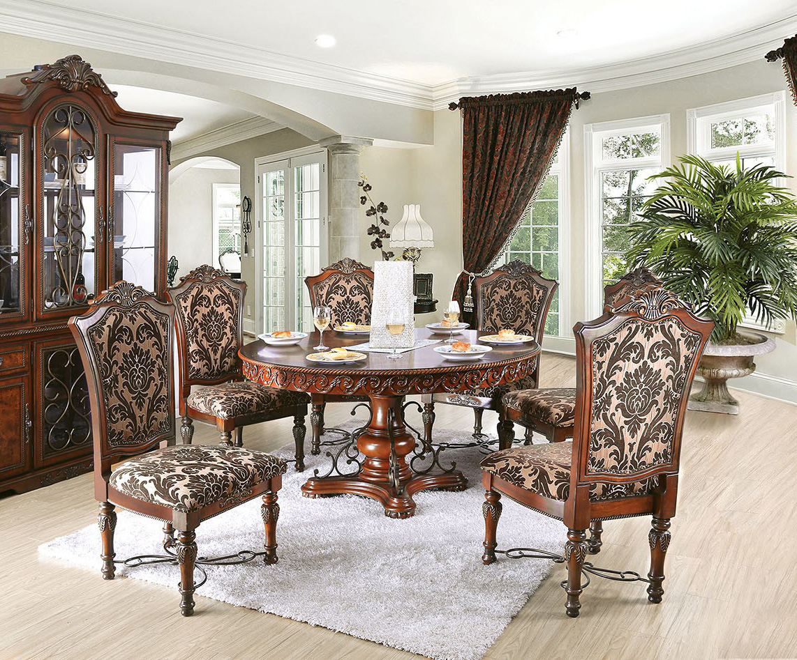 60" Geneva Round Brown Cherry Formal Dining Room Set Questions & Answers