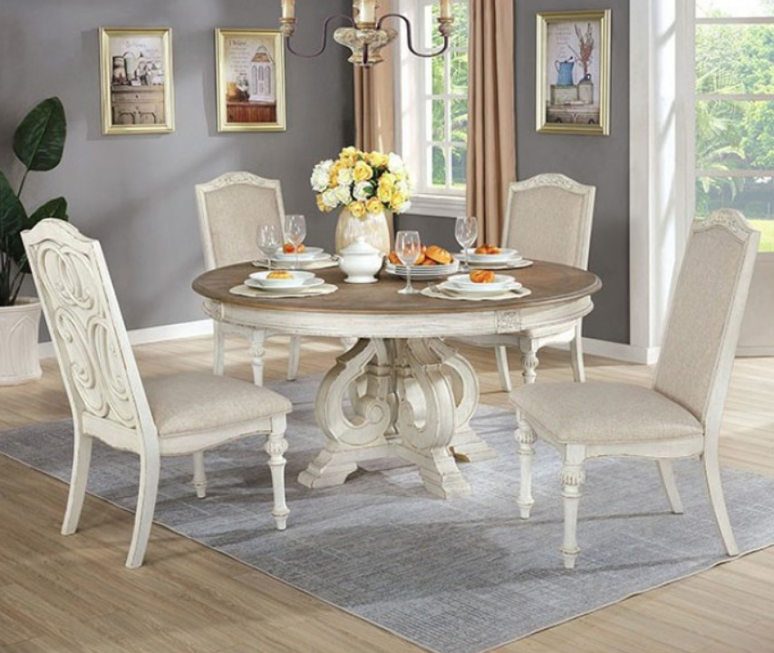 60" Santa Clarita Round Dining Set in Antique White  Questions & Answers